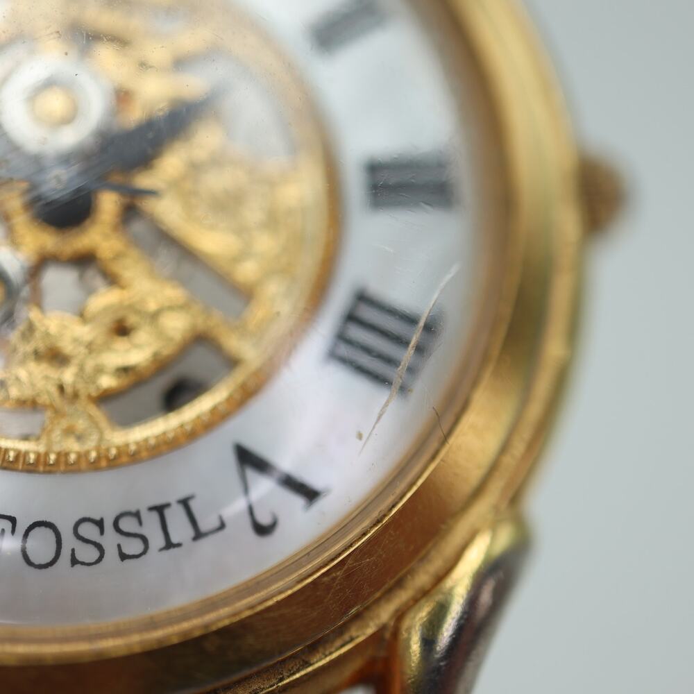 Vintage Fossil Faux Skeleton MOP 34mm Unisex Watch Beige Leather w New Battery - Picture 6 of 15